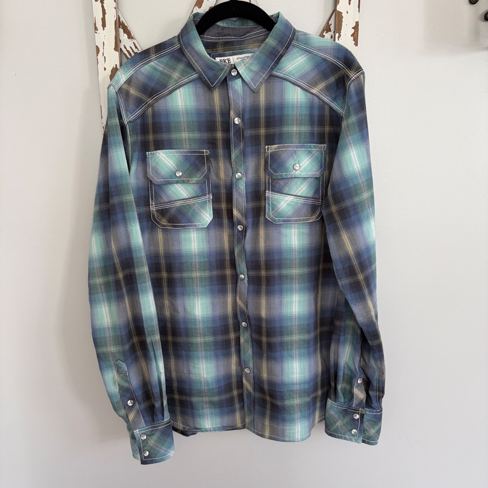 BKE Mens‎ Plaid Pearl Snap Shirt Western Long Sleeve Blue Medium EUC